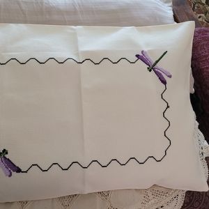 Hand Made Pillow Cases. Cross stitch. Dragonfly. Full size.
